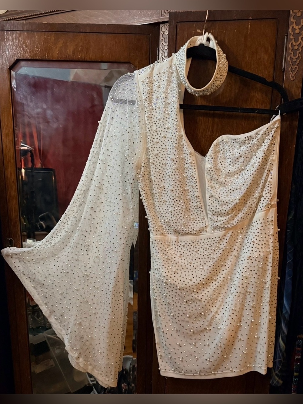 Banjul White Pearl Rhinestone One-Sleeve Angel/Bell Sleeve Dress